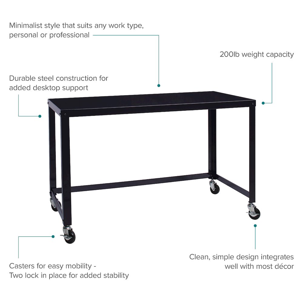 Hirsh Ready-to-Assemble 48-inch Wide Mobile Metal Desk for Home Office, Black. Picture 13