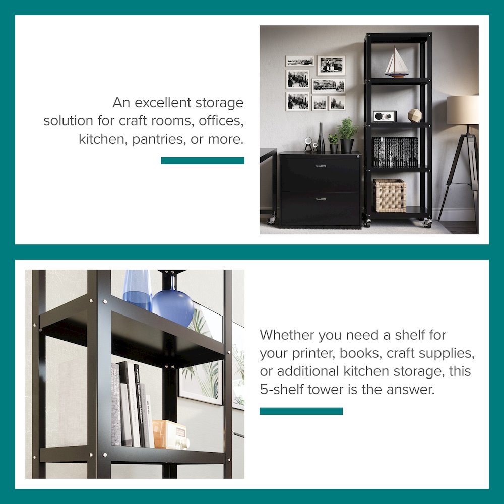 Space Solutions 72" High Rolling 5 Shelf Bookcase, Industrial Metal, Black. Picture 24