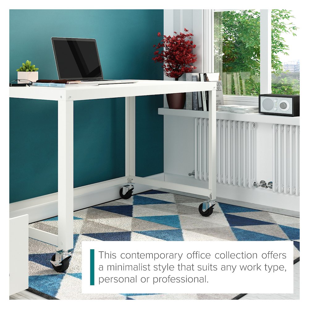 Hirsh Ready-to-Assemble 48-inch Wide Mobile Metal Desk for Home Office, White. Picture 18