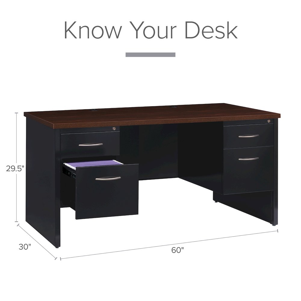 Hirsh Modular Double Pedestal File Office Desk, 30" D x 60" W, Black / Walnut. Picture 9