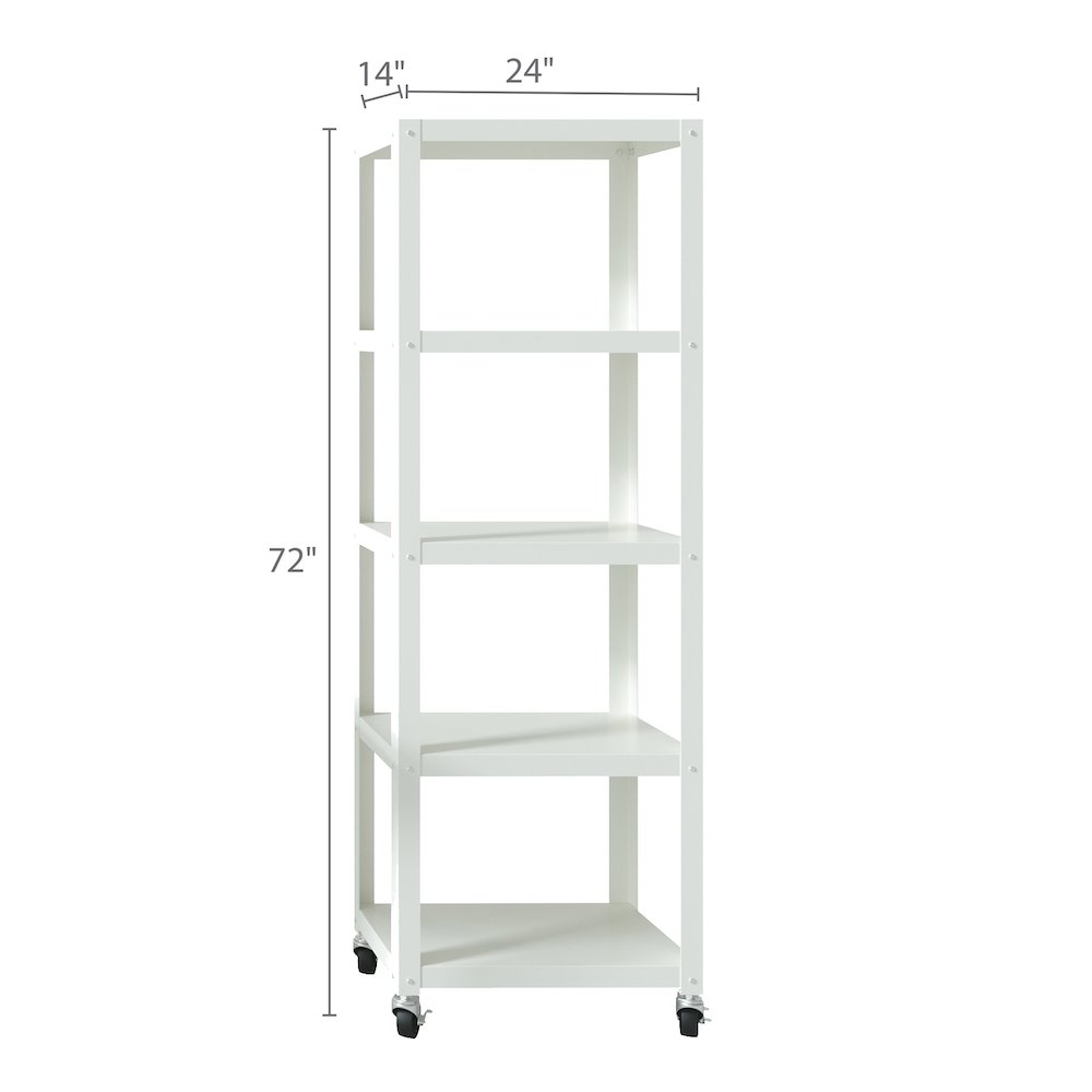 Space Solutions 72" High Rolling 5 Shelf Bookcase, Industrial Metal, White. Picture 3