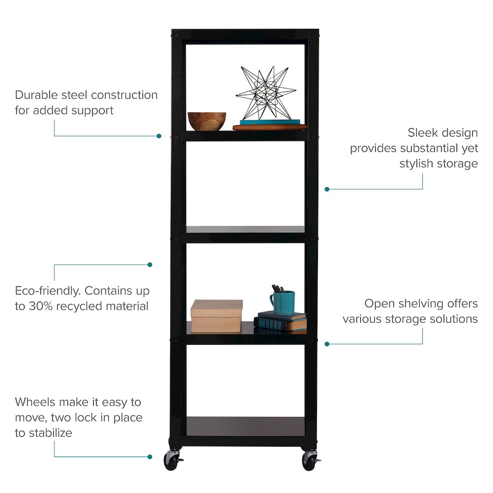 Space Solutions 72" High Rolling 5 Shelf Bookcase, Industrial Metal, Black. Picture 21