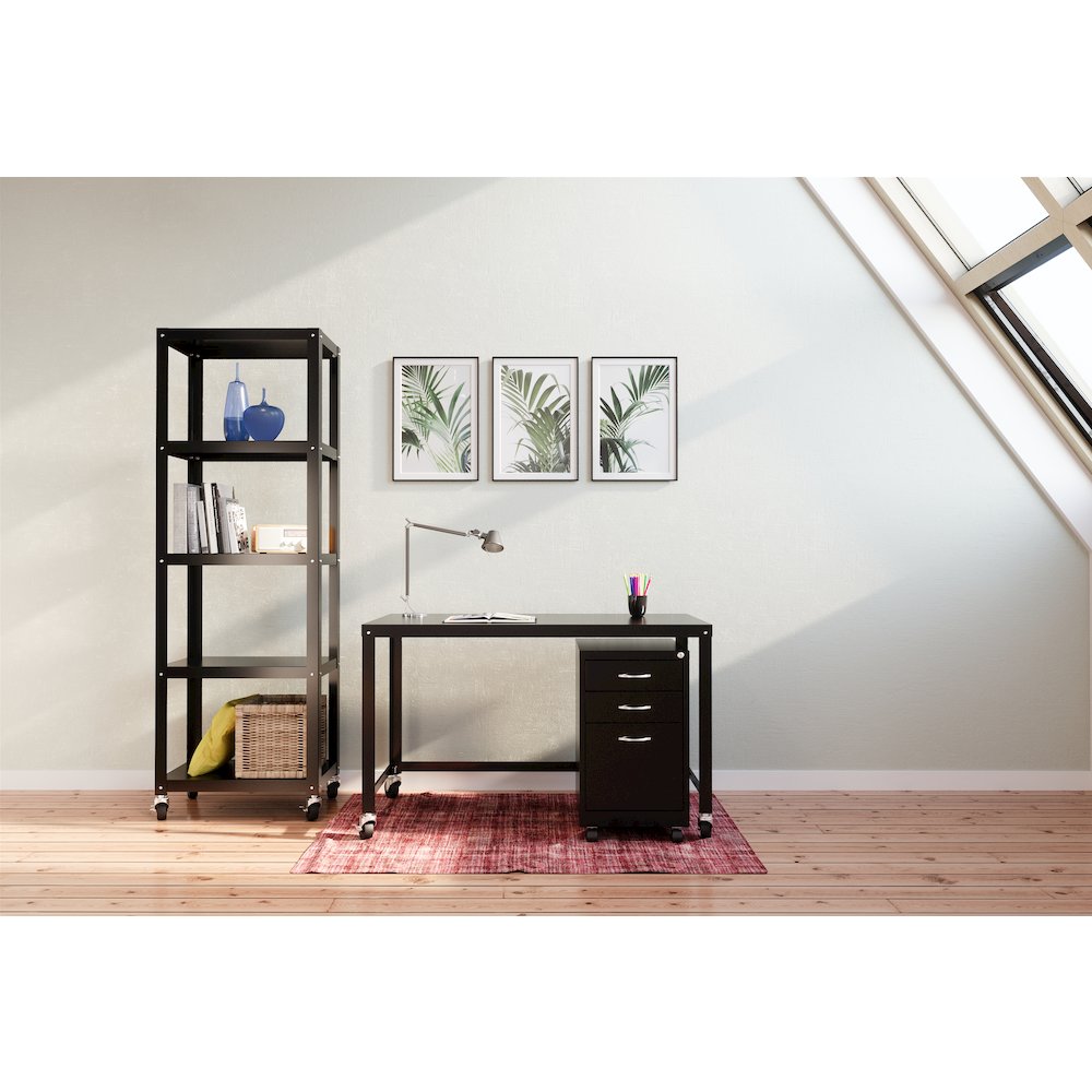 Space Solutions 72" High Rolling 5 Shelf Bookcase, Industrial Metal, Black. Picture 16