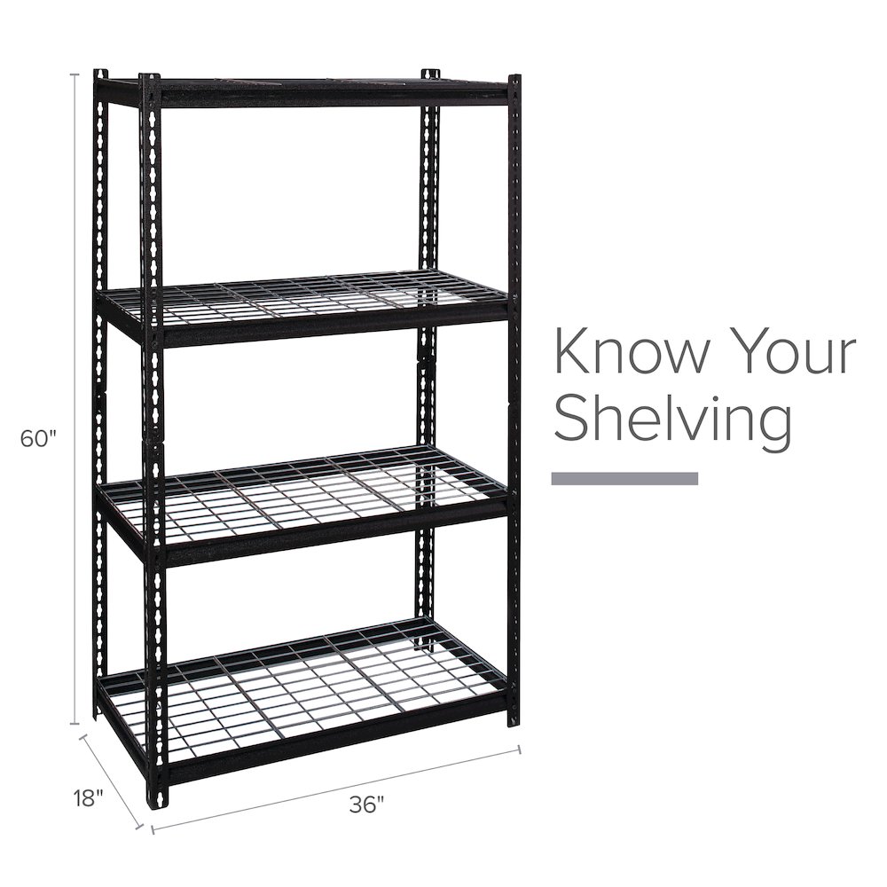 Iron Horse Riveted Steel Wire Deck Shelving 4-Shelf Unit, 18Dx36Wx60H, Black. Picture 10