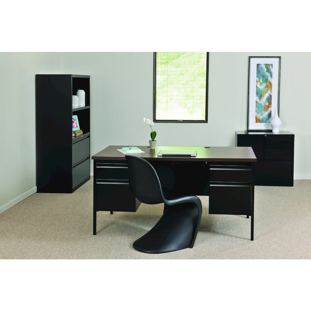 Hirsh Double Pedestal Office Desk Center Drawer 30" Dx60" W, Black/Walnut. Picture 15
