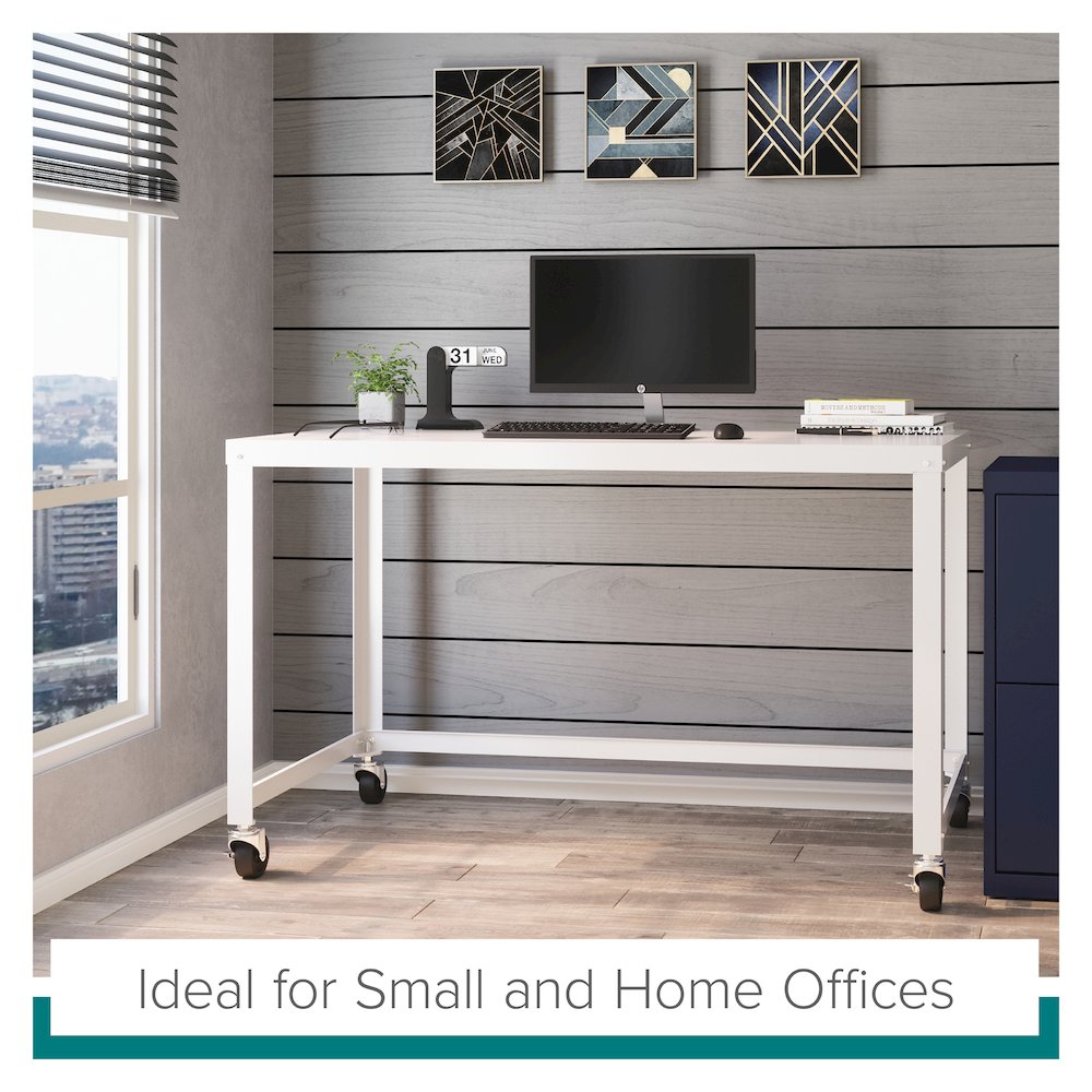 Hirsh Ready-to-Assemble 48-inch Wide Mobile Metal Desk for Home Office, White. Picture 22