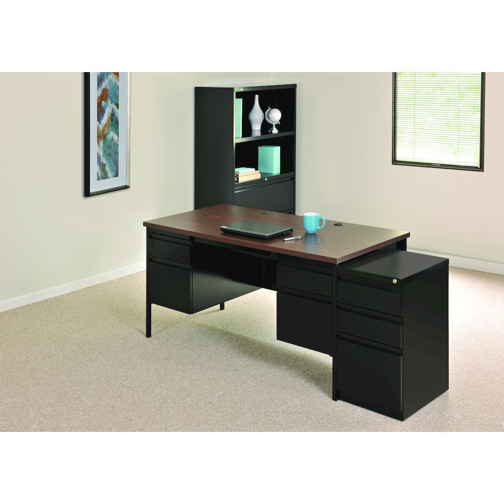 Hirsh Double Pedestal Office Desk Center Drawer 30" Dx60" W, Black/Walnut. Picture 12