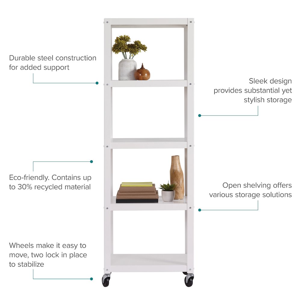 Space Solutions 72" High Rolling 5 Shelf Bookcase, Industrial Metal, White. Picture 17