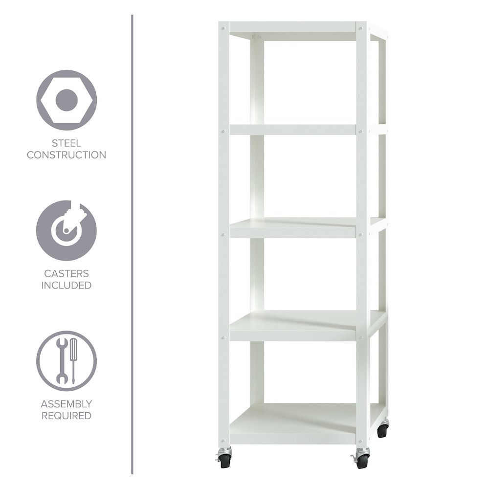 Space Solutions 72" High Rolling 5 Shelf Bookcase, Industrial Metal, White. Picture 21