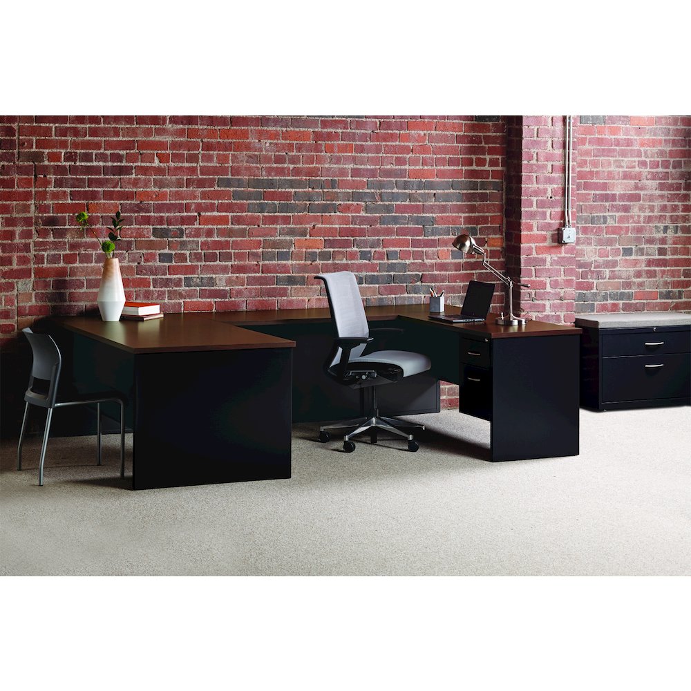 Hirsh Modular Left-Hand File Office Desk, 36" D x 72" W, Charcoal / Mahogany. Picture 4