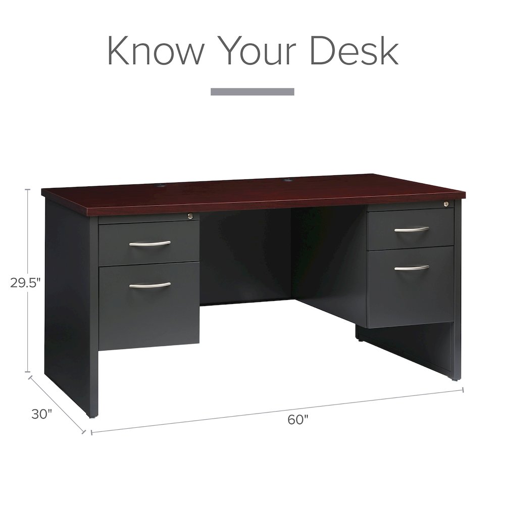 Hirsh Modular Double Pedestal File Office Desk, 30" D x 60" W, Charcoal/Mahogany. Picture 9