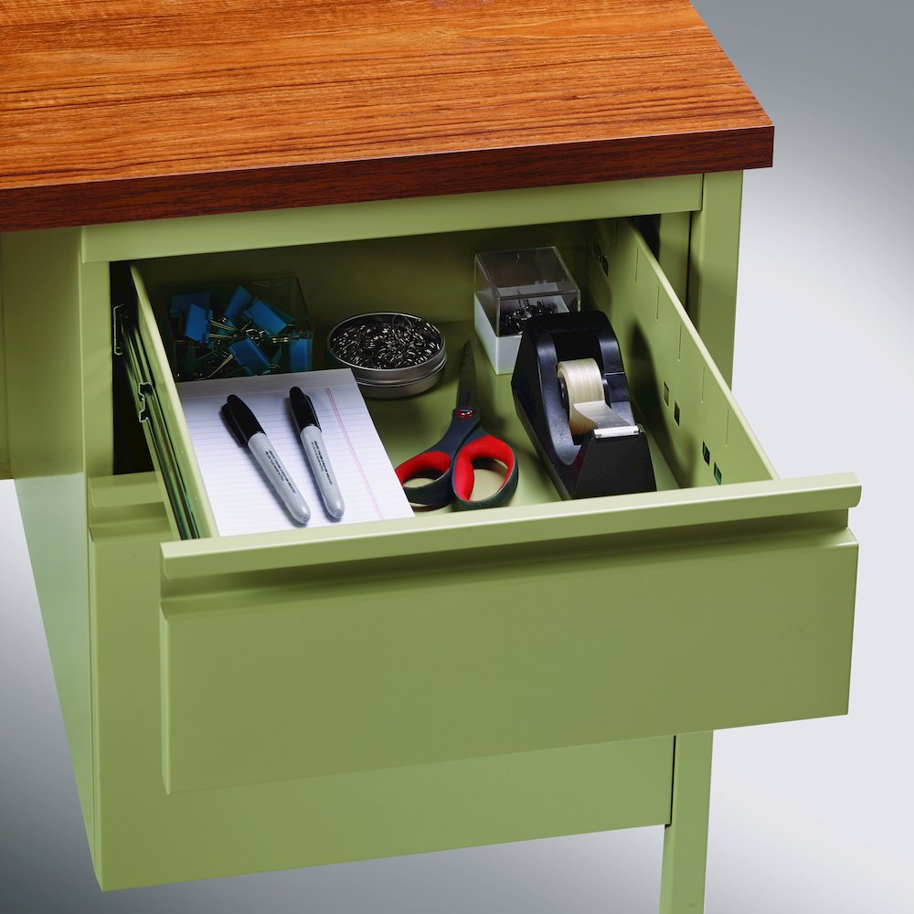 Hirsh Right-Hand File Office Desk with Center Drawer, 30" D x 48" W, Putty / Oak. Picture 8