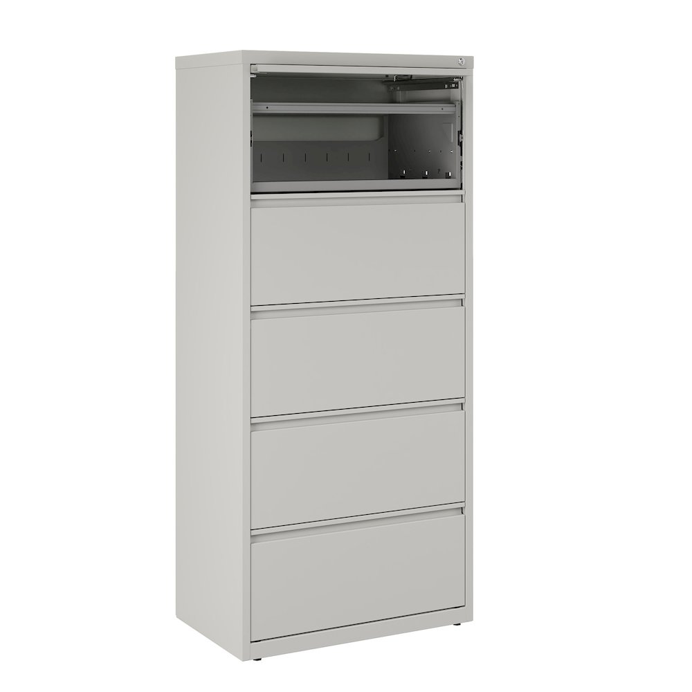 Hirsh 30 inch Wide 5 Drawer Metal Lateral File Cabinet, Light Gray. Picture 7