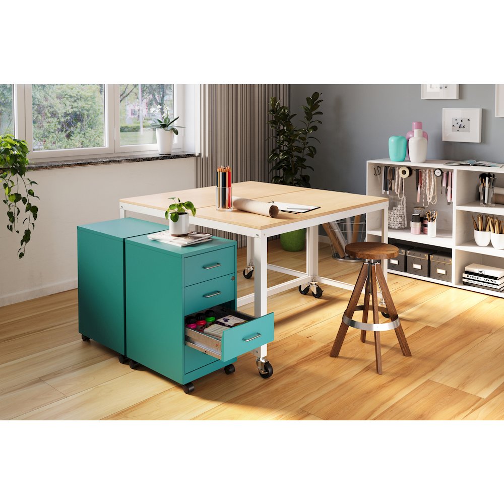 Space Solutions 18" Deep 4 Drawer Metal Mobile Organizer, Locking, Teal. Picture 6