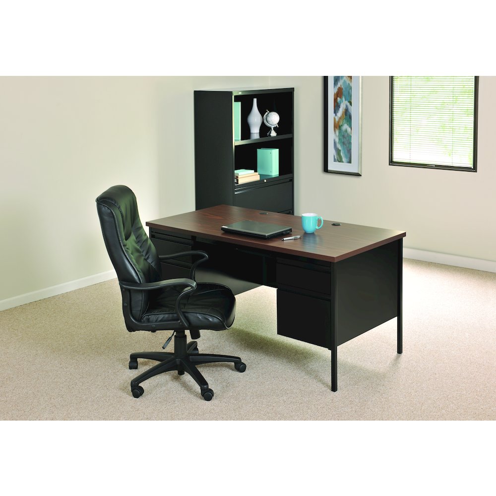 Hirsh Double Pedestal Office Desk Center Drawer 30" Dx60" W, Black/Walnut. Picture 9