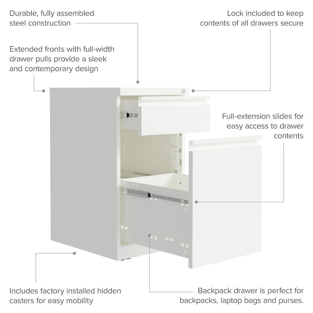 Hirsh 20" Deep Mobile File Cabinet 2 Drawer with XL Backpack Drawer, White. Picture 11