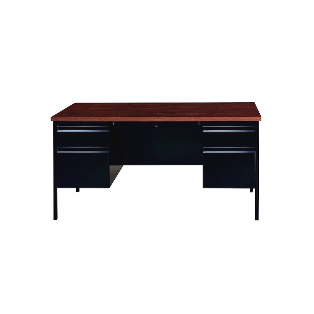 Hirsh Double Pedestal Office Desk Center Drawer 30" Dx60" W, Black/Walnut. Picture 3