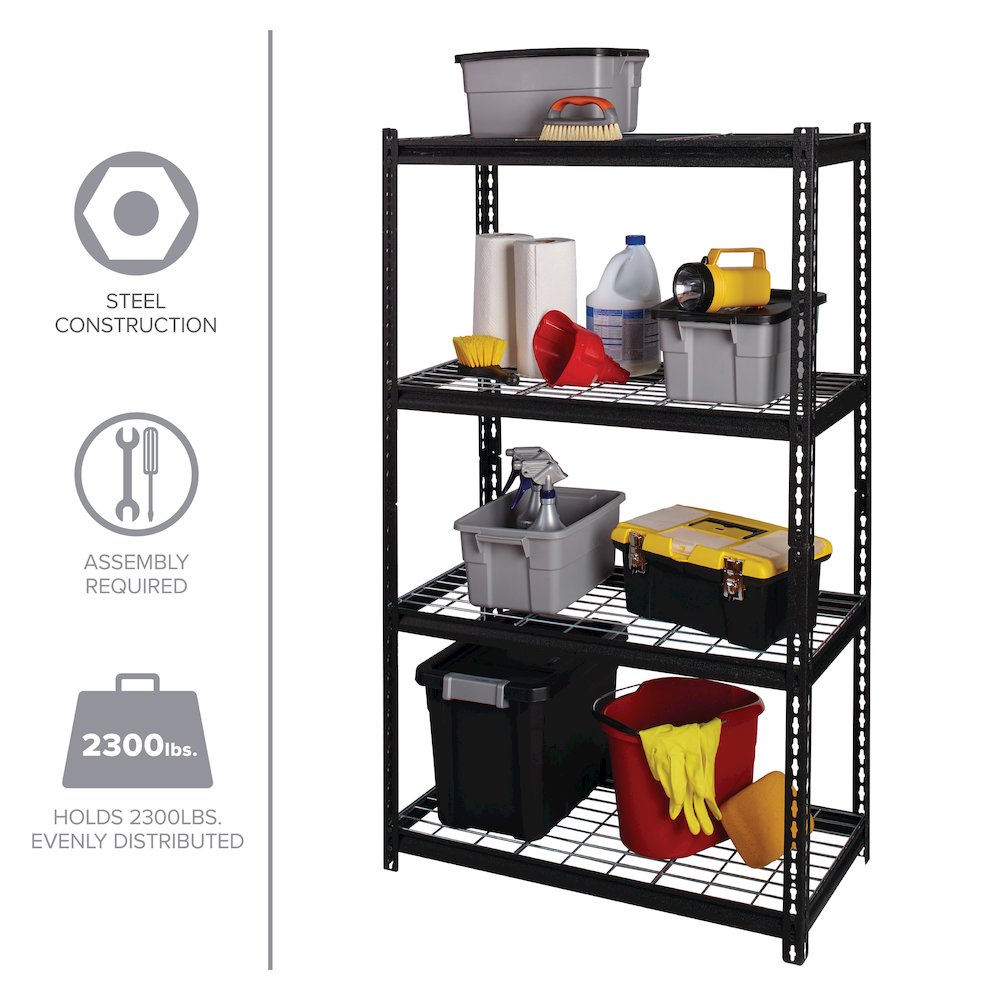 Iron Horse Riveted Steel Wire Deck Shelving 4-Shelf Unit, 18Dx36Wx60H, Black. Picture 14
