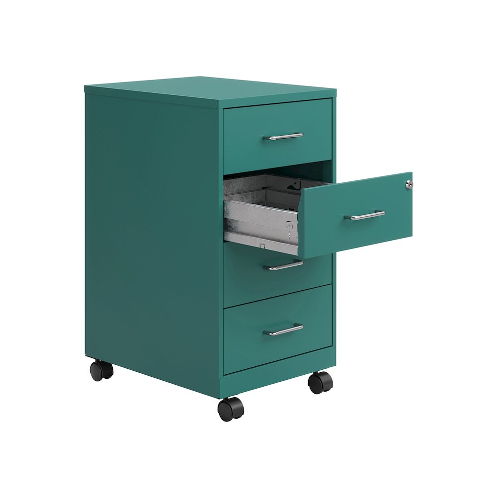 Space Solutions 18" Deep 4 Drawer Metal Mobile Organizer, Locking, Teal. Picture 5