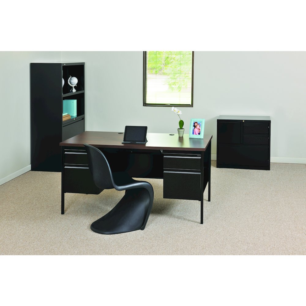 Hirsh Double Pedestal Office Desk Center Drawer 30" Dx60" W, Black/Walnut. Picture 14