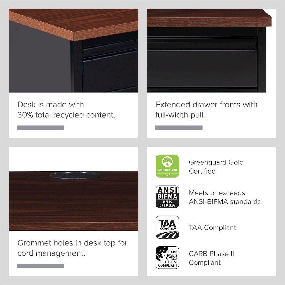 Hirsh Double Pedestal Office Desk Center Drawer 30" Dx60" W, Black/Walnut. Picture 28