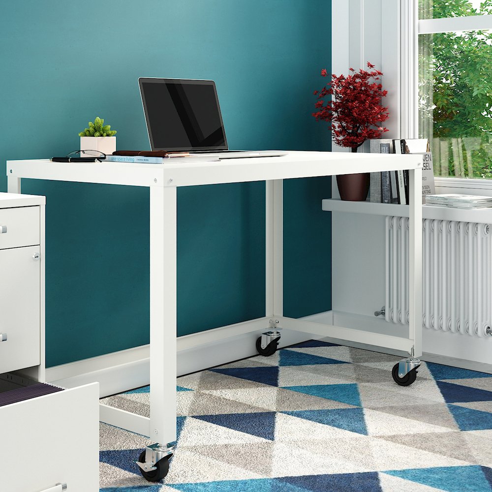 Hirsh Ready-to-Assemble 48-inch Wide Mobile Metal Desk for Home Office, White. Picture 2