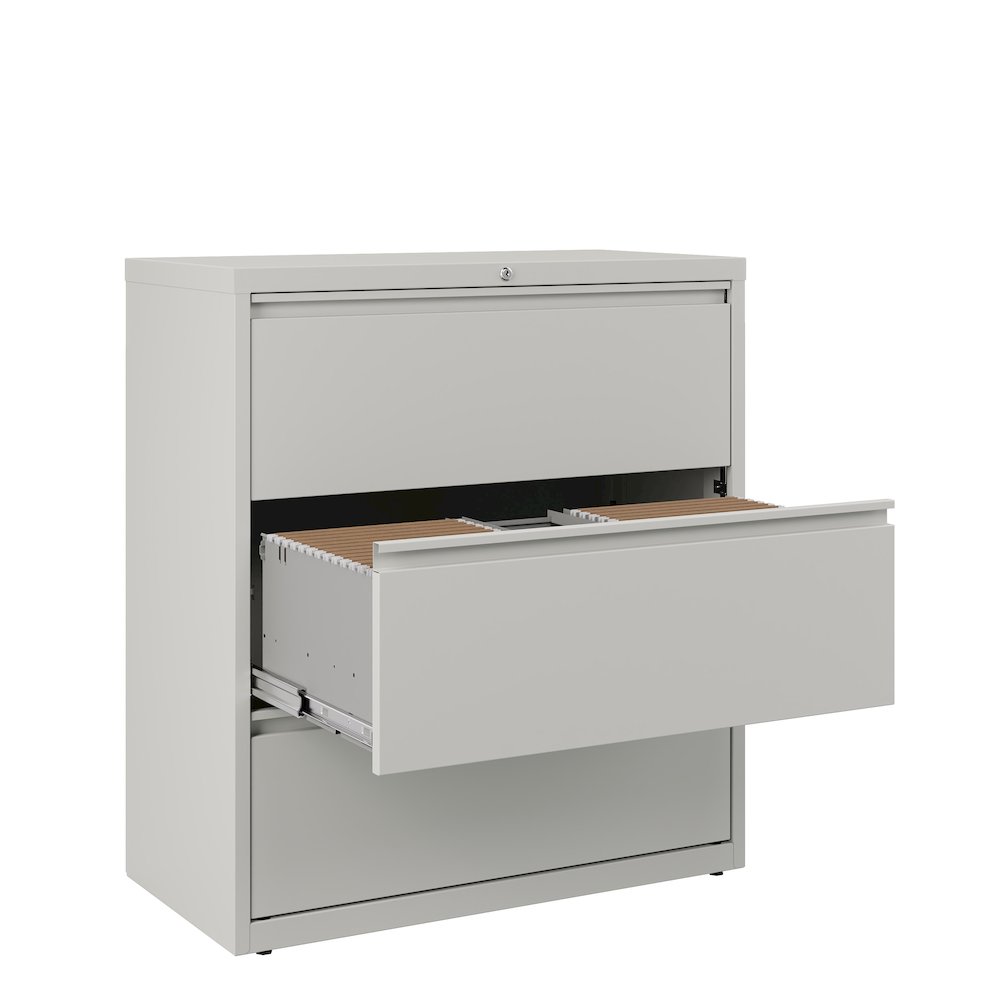Hirsh 36 Inch Wide 3 Drawer Metal Lateral File Cabinet, Light Gray. Picture 6
