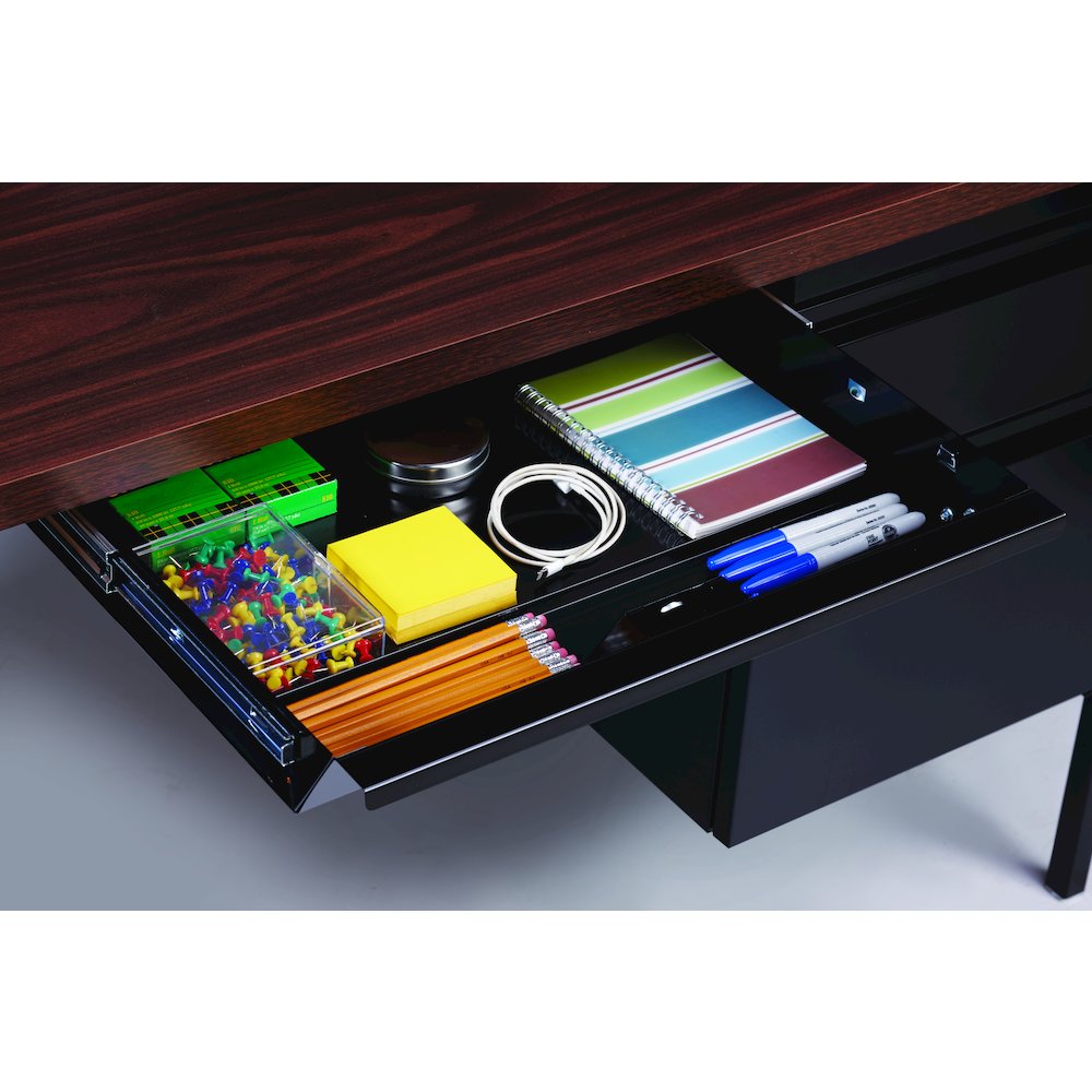 Hirsh Double Pedestal Office Desk Center Drawer 30" Dx60" W, Black/Walnut. Picture 8