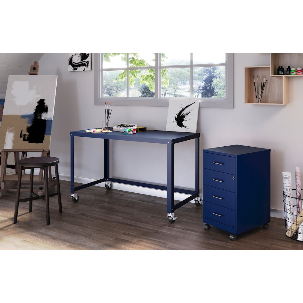 Space Solutions 18" Deep 4 Drawer Metal Mobile Organizer, Locking, Navy. Picture 6