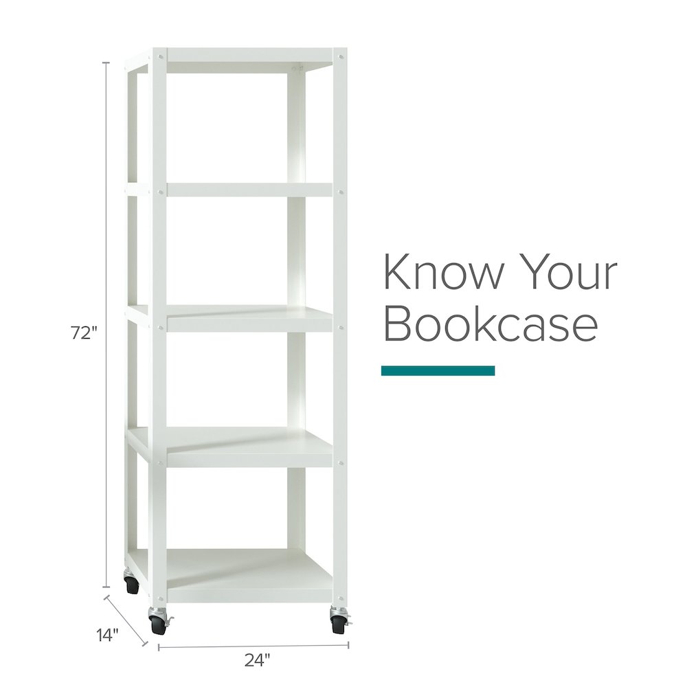 Space Solutions 72" High Rolling 5 Shelf Bookcase, Industrial Metal, White. Picture 16