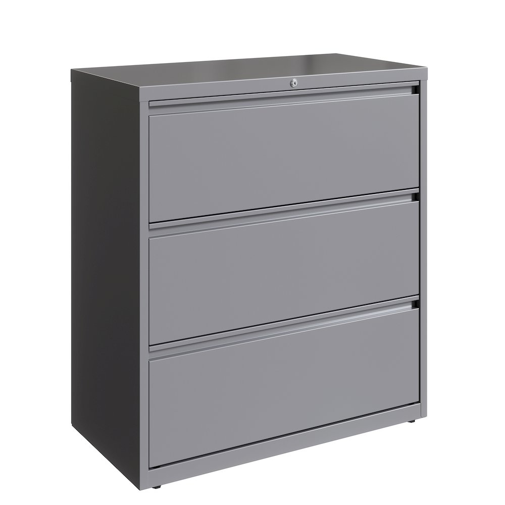 Hirsh 36 Inch Wide 3 Drawer Metal Lateral File Cabinet, Arctic Silver. Picture 1