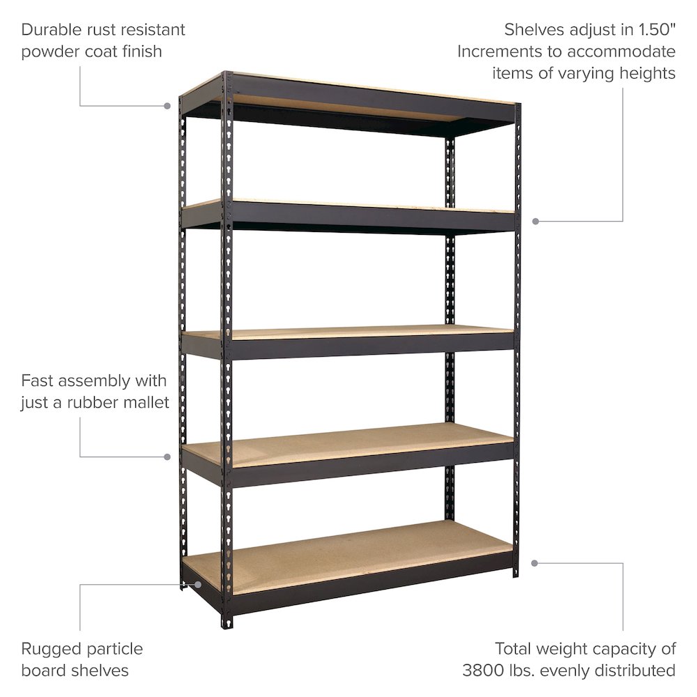 Iron Horse 3800 Riveted Steel Shelving, 5-Shelf, 18Dx48Wx72H, Black. Picture 9