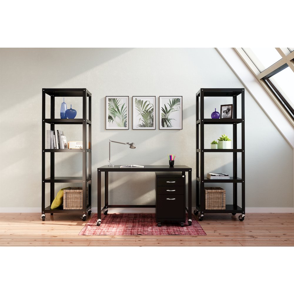 Space Solutions 72" High Rolling 5 Shelf Bookcase, Industrial Metal, Black. Picture 15