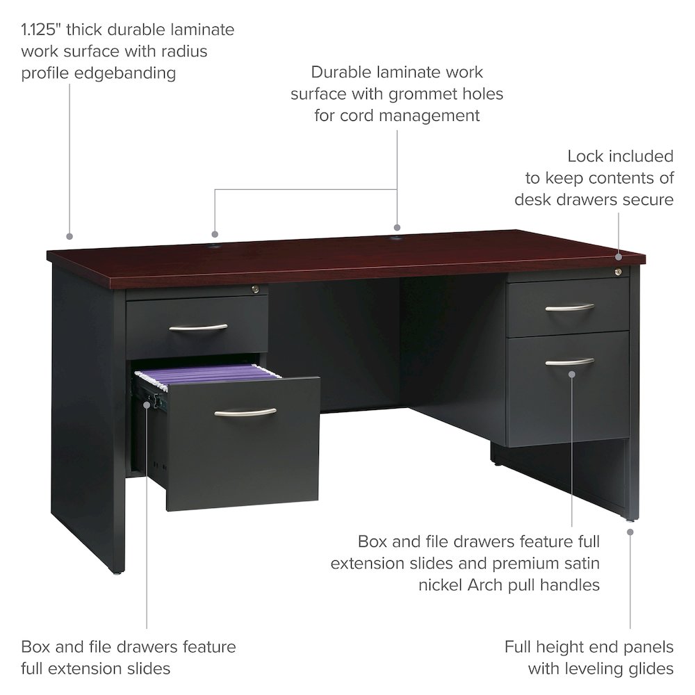Hirsh Modular Double Pedestal File Office Desk, 30" D x 60" W, Charcoal/Mahogany. Picture 10
