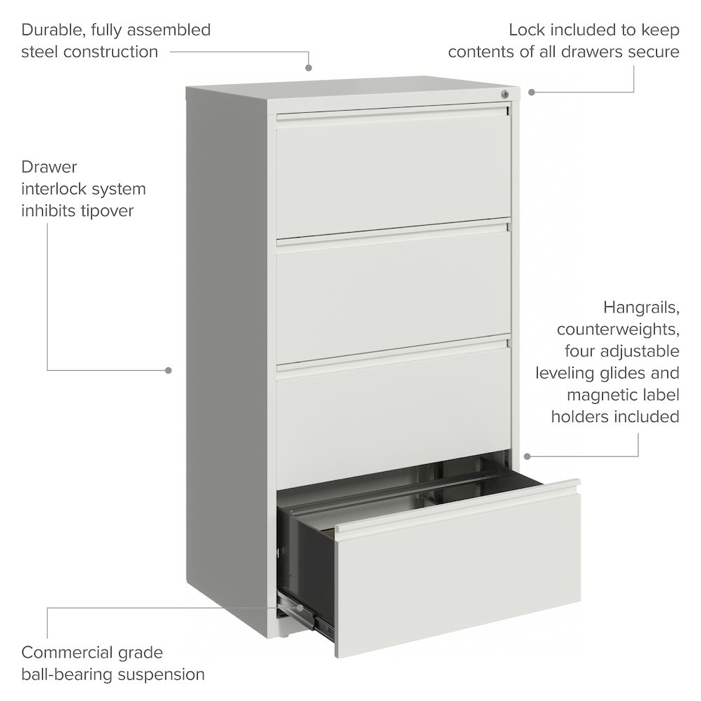 Hirsh 30 Inch Wide 4 Drawer Metal Lateral File Cabinet, White. Picture 10