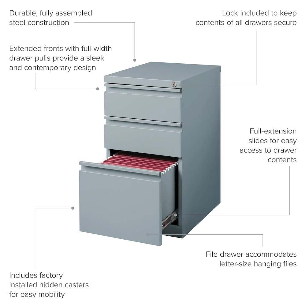 Hirsh 20" Deep Mobile Pedestal File Cabinet 3 Drawer Box-Box-File, Platinum. Picture 10