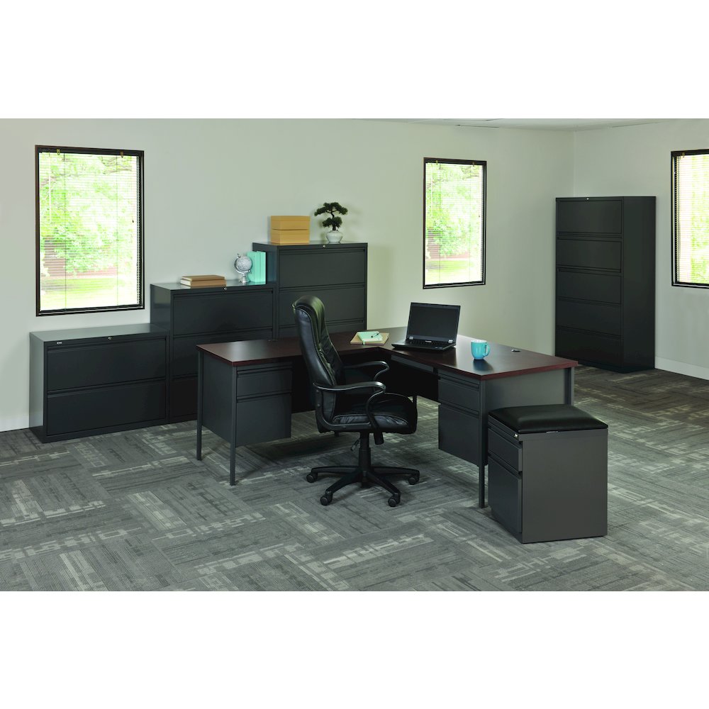 Hirsh 66D x 72W Corner Office Desk with Left Hand Return, Charcoal / Mahogany. Picture 5