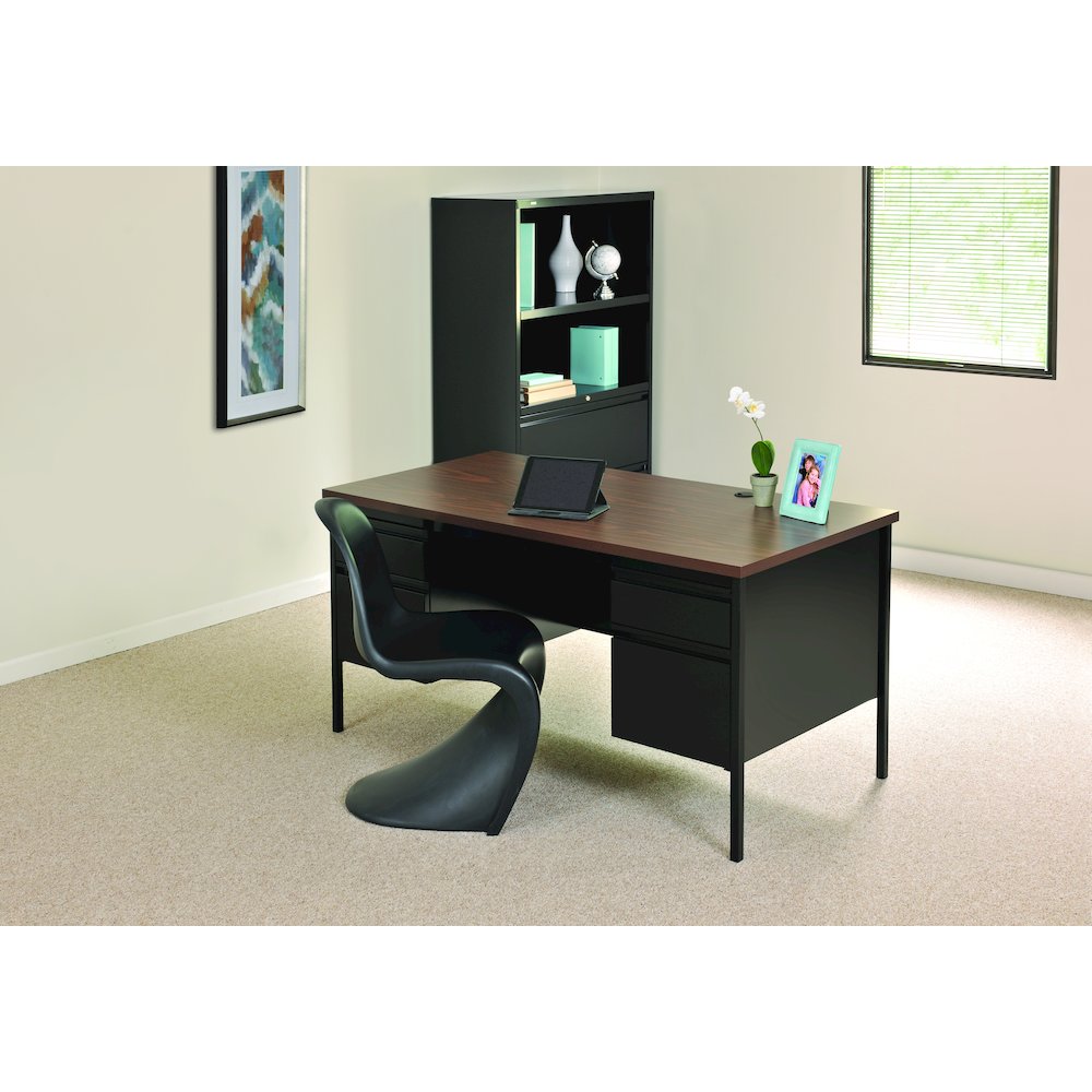 Hirsh Double Pedestal Office Desk Center Drawer 30" Dx60" W, Black/Walnut. Picture 10