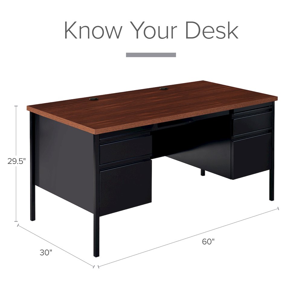 Hirsh Double Pedestal Office Desk Center Drawer 30" Dx60" W, Black/Walnut. Picture 24