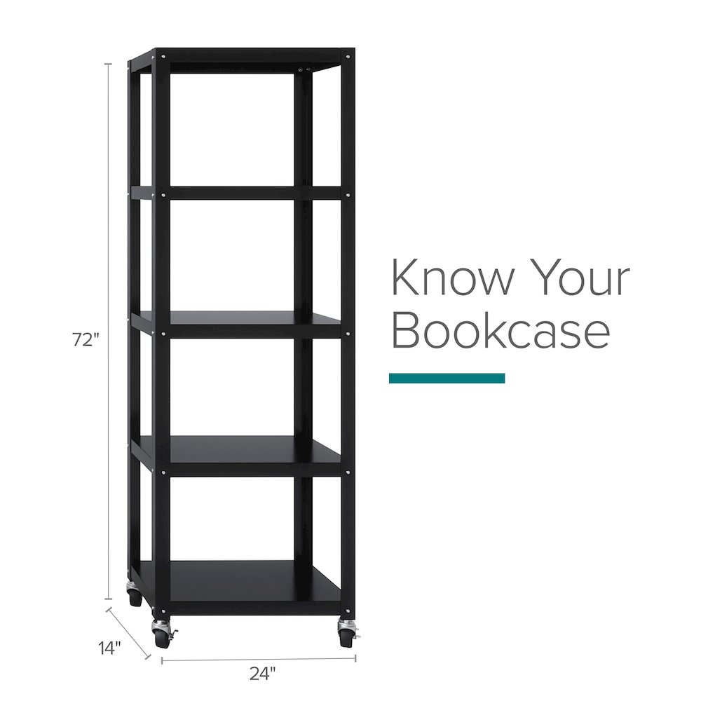 Space Solutions 72" High Rolling 5 Shelf Bookcase, Industrial Metal, Black. Picture 20