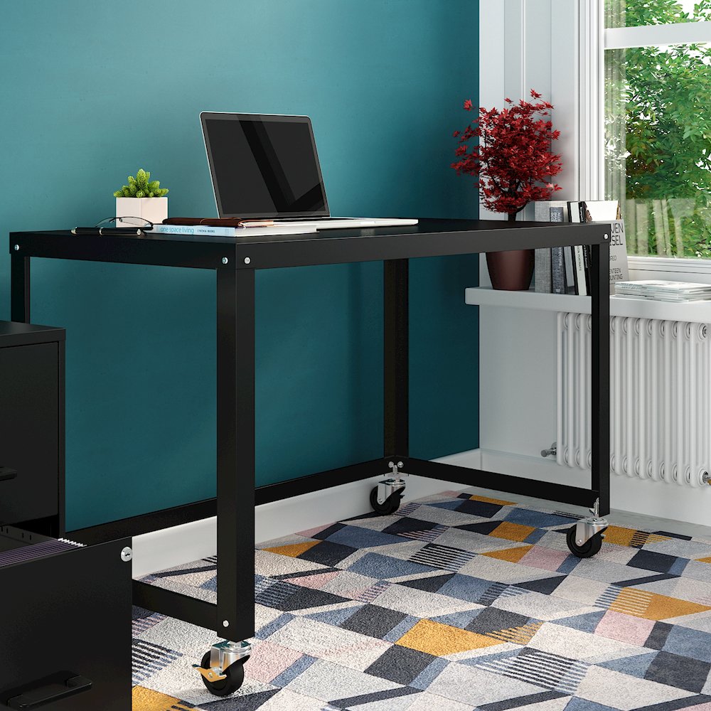 Hirsh Ready-to-Assemble 48-inch Wide Mobile Metal Desk for Home Office, Black. Picture 2
