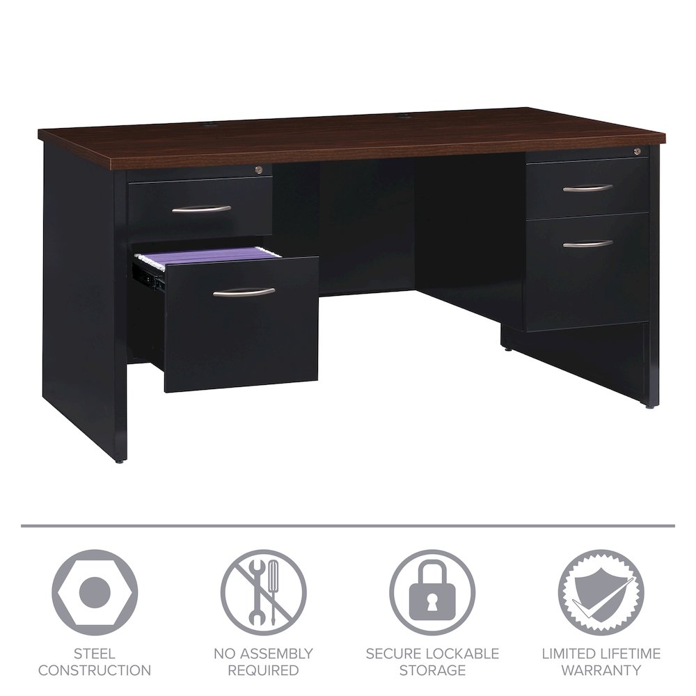 Hirsh Modular Double Pedestal File Office Desk, 30" D x 60" W, Black / Walnut. Picture 14