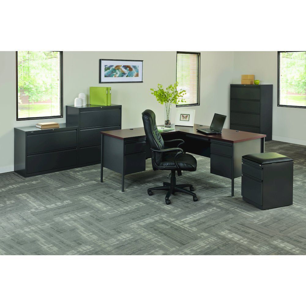 Hirsh 66D x 72W Corner Office Desk with Left Hand Return, Charcoal / Mahogany. Picture 3