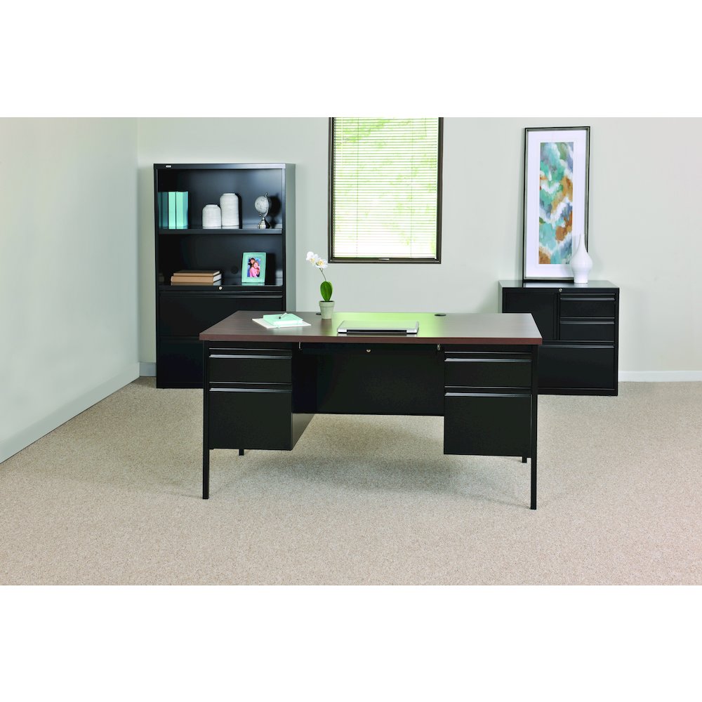Hirsh Double Pedestal Office Desk Center Drawer 30" Dx60" W, Black/Walnut. Picture 13