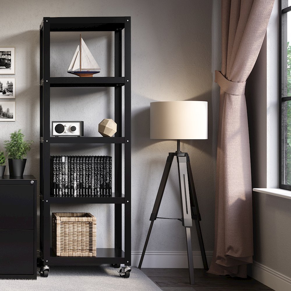 Space Solutions 72" High Rolling 5 Shelf Bookcase, Industrial Metal, Black. Picture 2