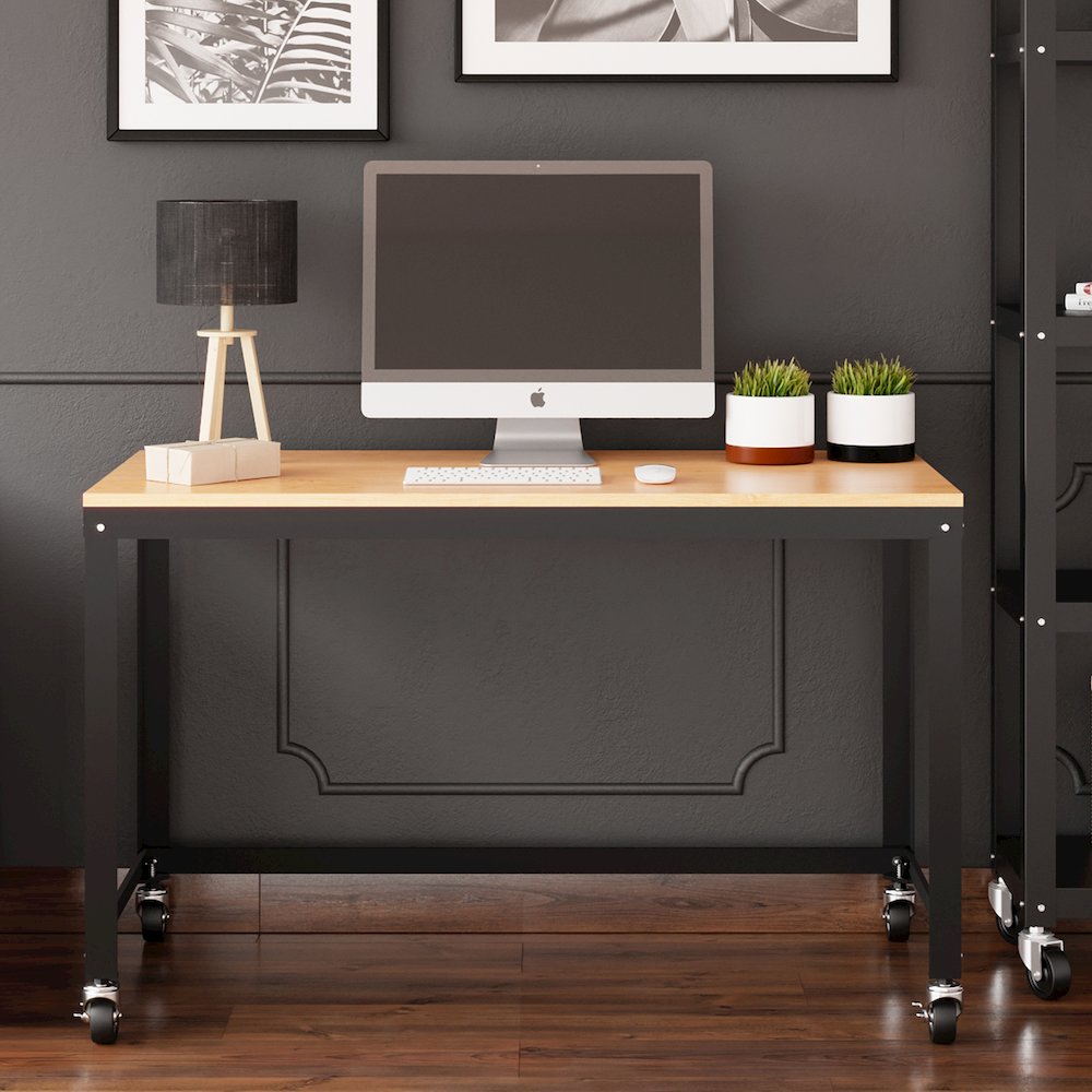 Space Solutions Ready-to-assemble 48-inch Wide Mobile Metal Desk Black/Maple. Picture 2