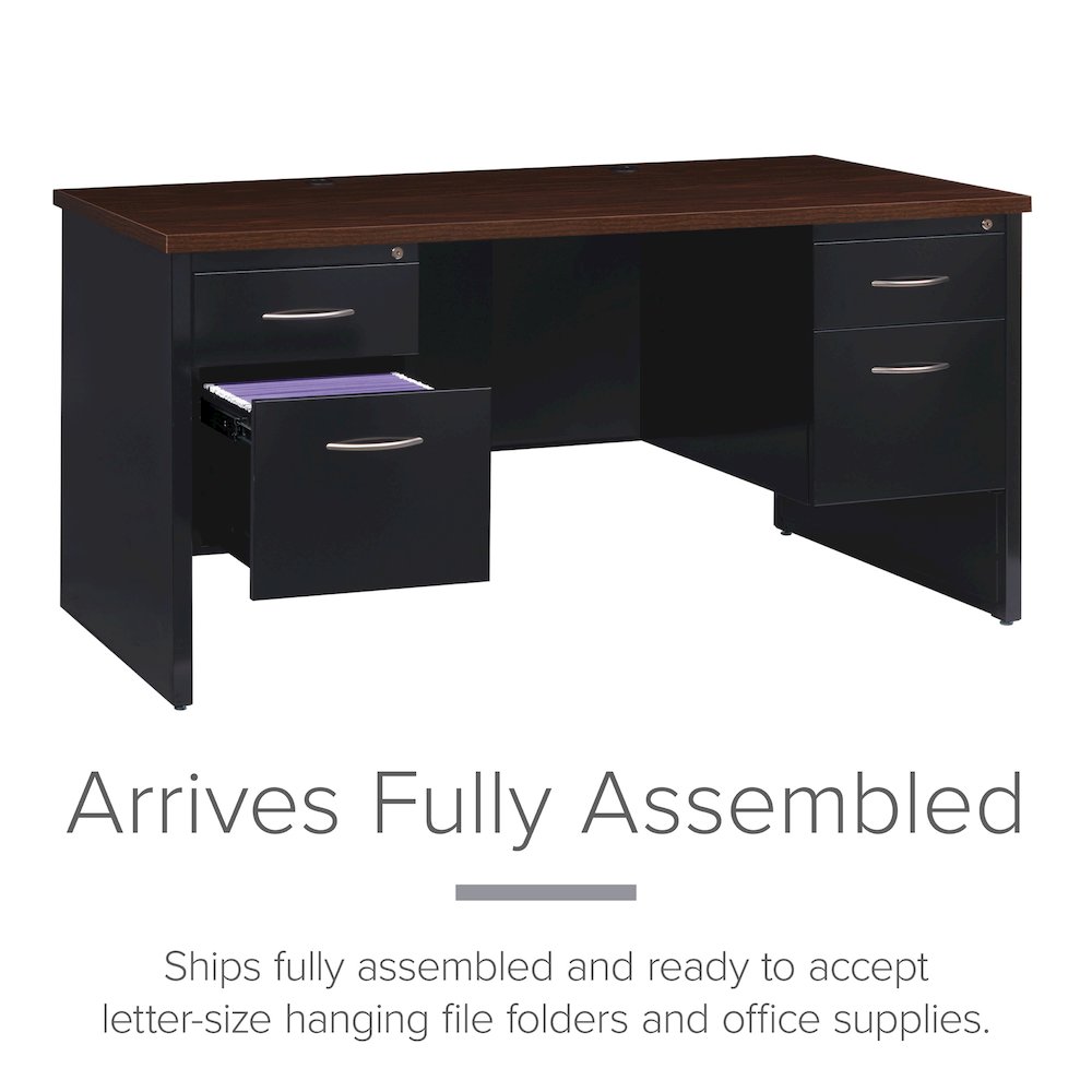 Hirsh Modular Double Pedestal File Office Desk, 30" D x 60" W, Black / Walnut. Picture 6