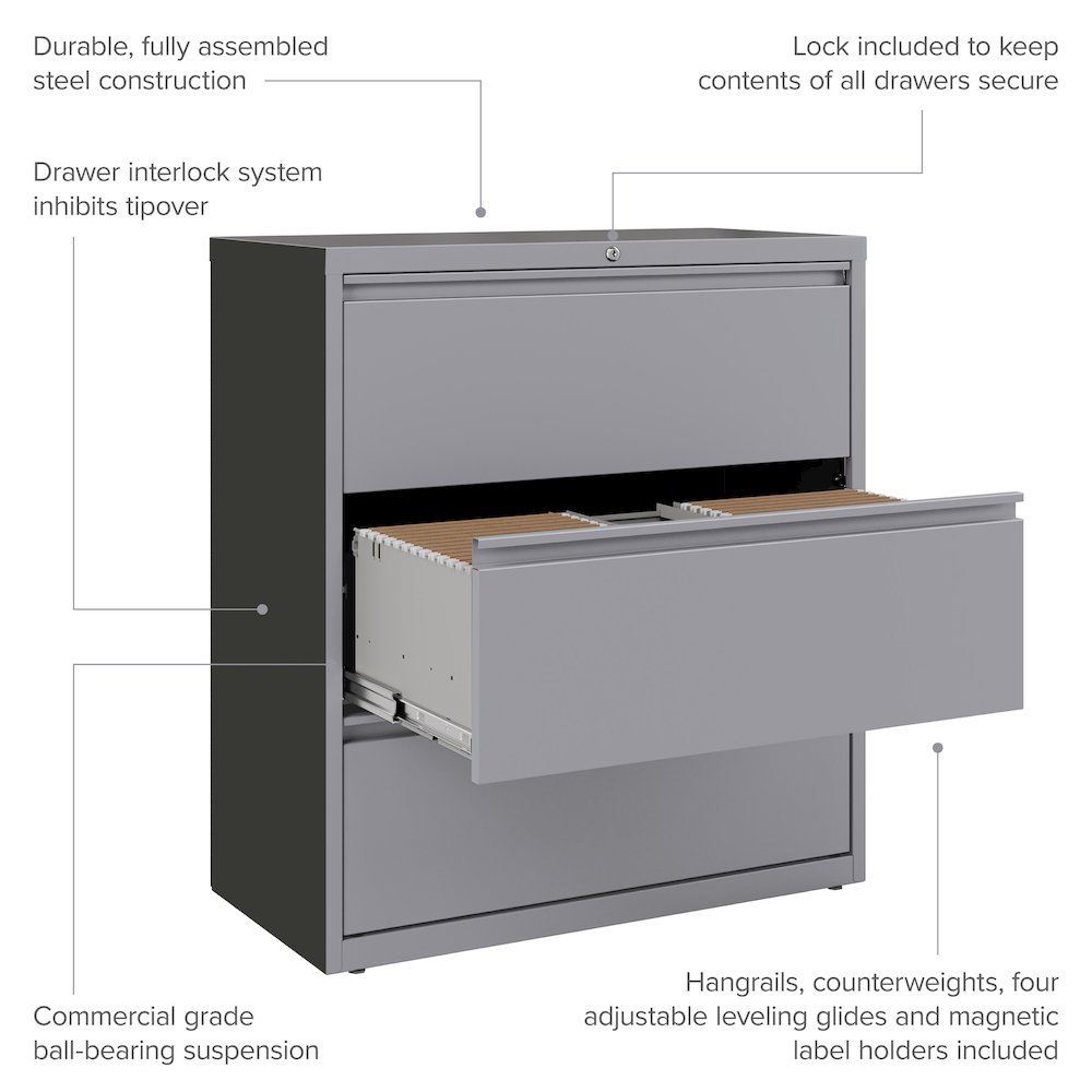 Hirsh 36 Inch Wide 3 Drawer Metal Lateral File Cabinet, Arctic Silver. Picture 9