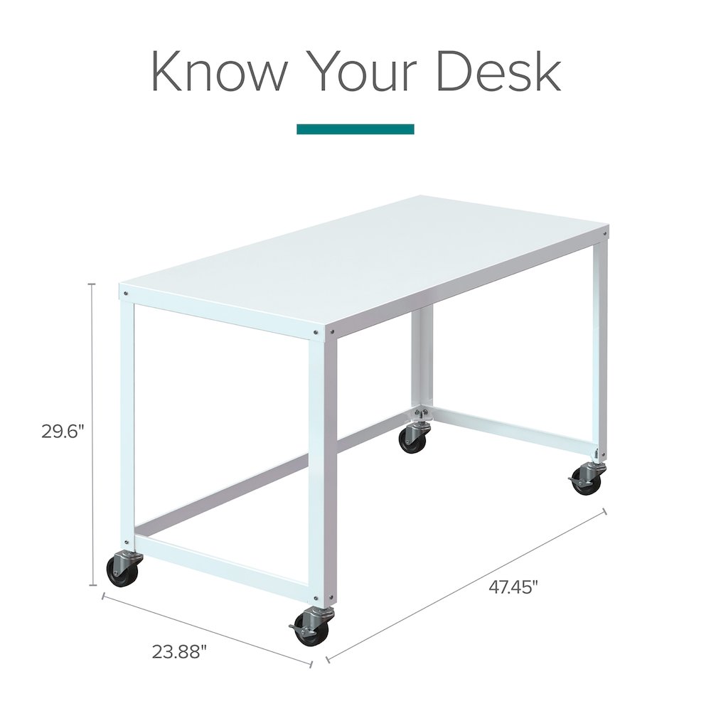 Hirsh Ready-to-Assemble 48-inch Wide Mobile Metal Desk for Home Office, White. Picture 16
