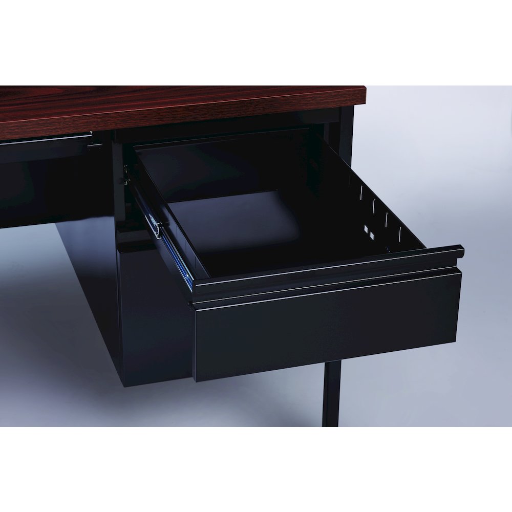 Hirsh Double Pedestal Office Desk Center Drawer 30" Dx60" W, Black/Walnut. Picture 5